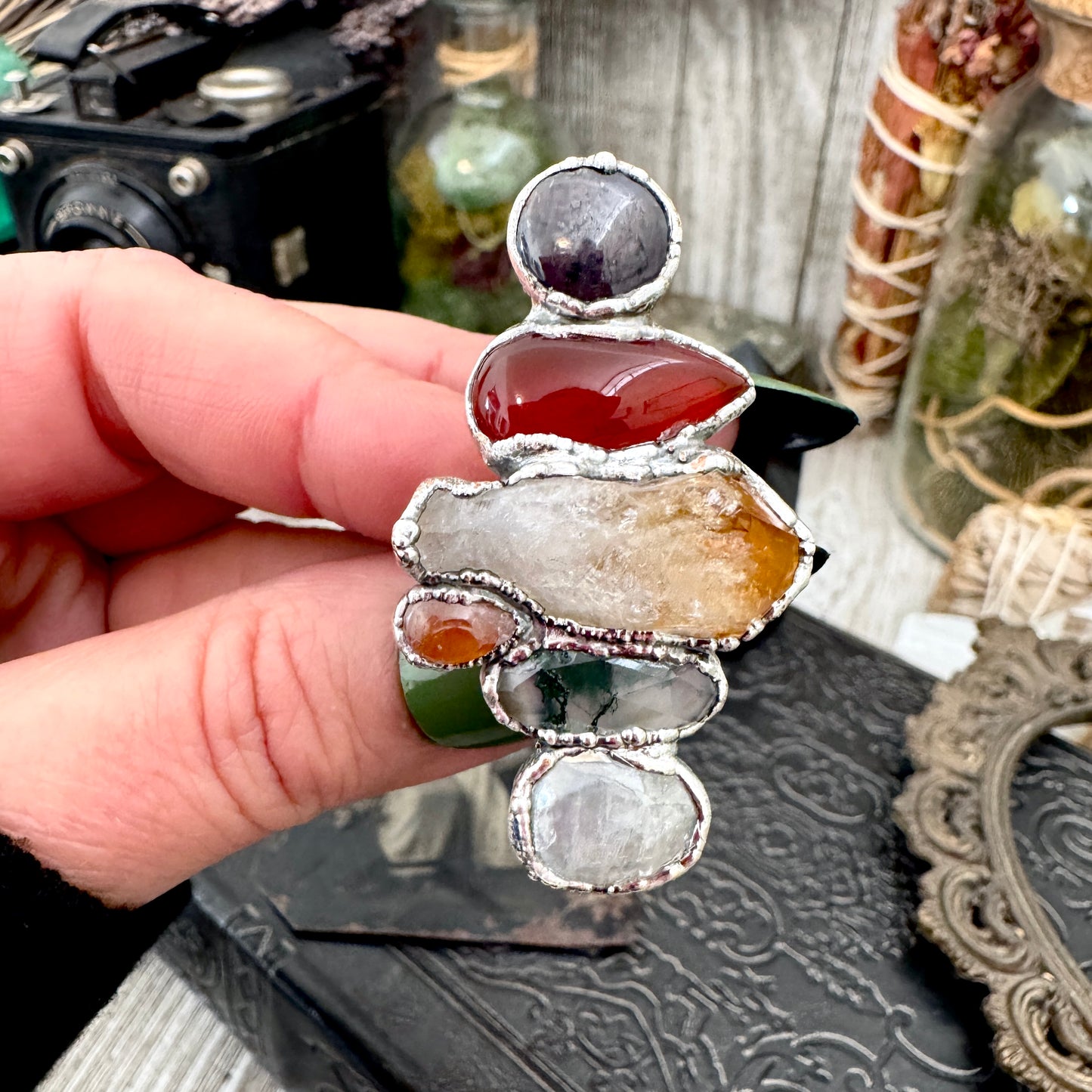 Multi Stone Rainbow Moonstone Moss Agate Citrine Carnelian & Star Ruby Ring In Fine Silver Size 8 / Foxlark Collection