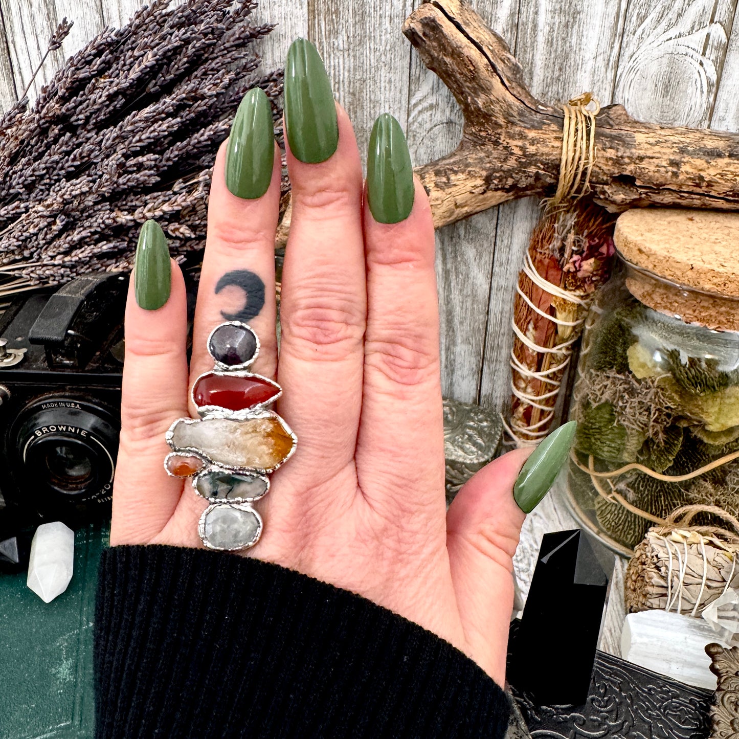 Multi Stone Rainbow Moonstone Moss Agate Citrine Carnelian & Star Ruby Ring In Fine Silver Size 8 / Foxlark Collection
