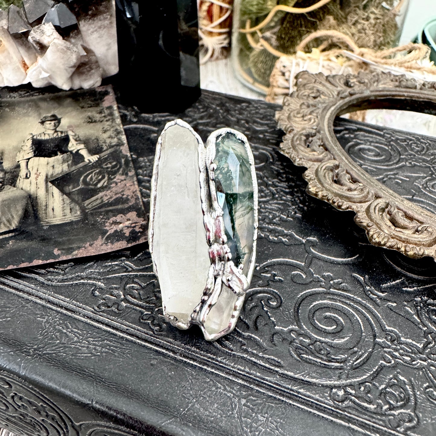 Multi Stone Clear Quartz & Moss Agate Ring In Fine Silver Size 6.5 / Foxlark Collection