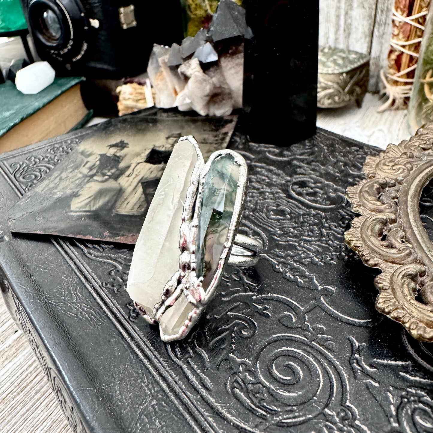 Multi Stone Clear Quartz & Moss Agate Ring In Fine Silver Size 6.5 / Foxlark Collection