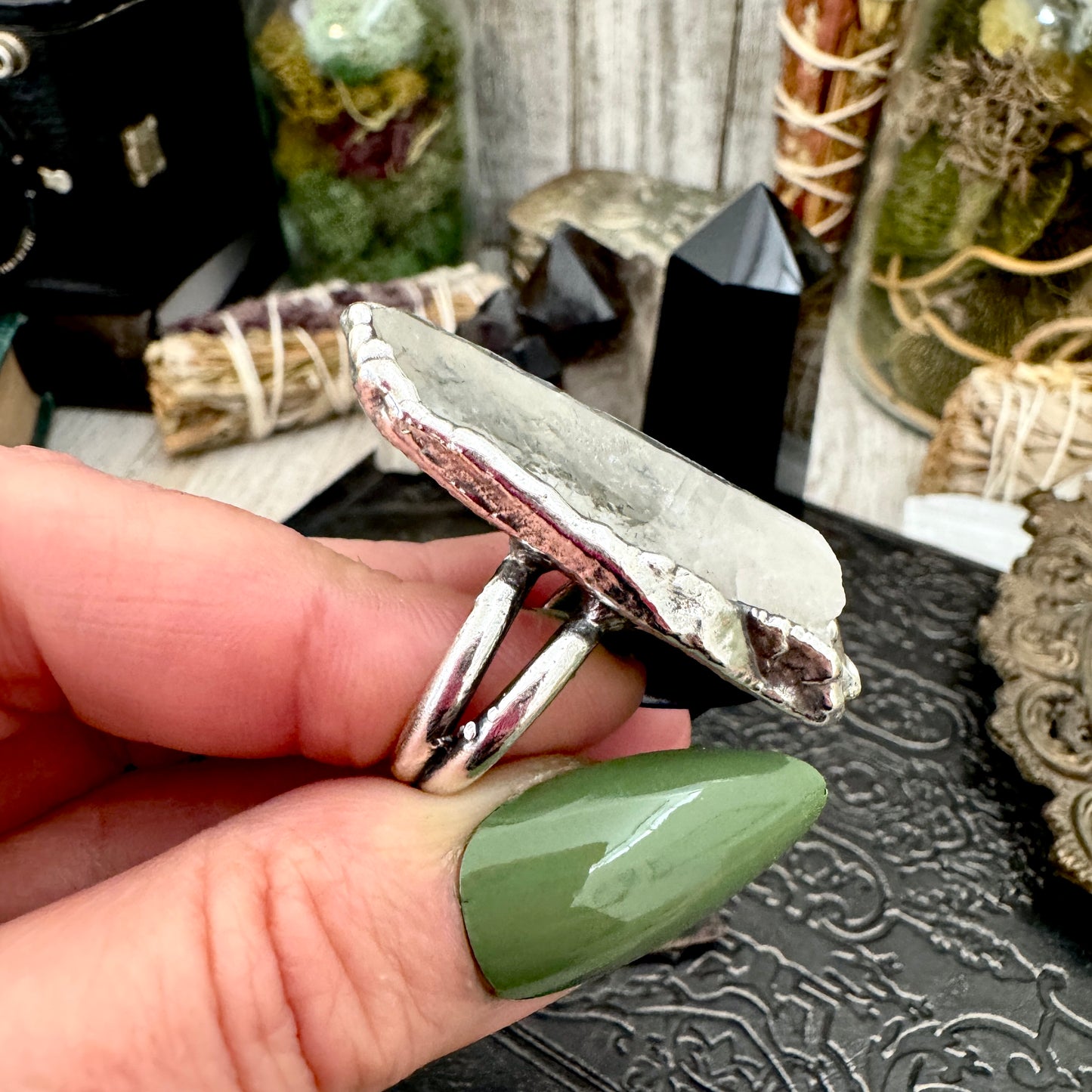 Multi Stone Clear Quartz & Moss Agate Ring In Fine Silver Size 6.5 / Foxlark Collection