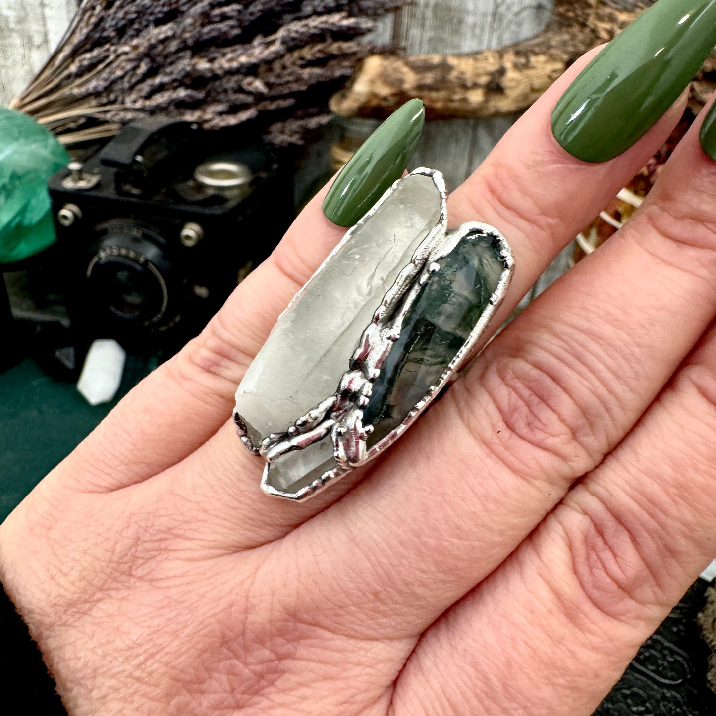 Multi Stone Clear Quartz & Moss Agate Ring In Fine Silver Size 6.5 / Foxlark Collection