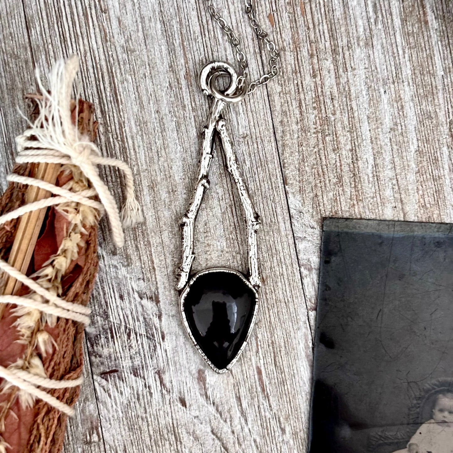 Black Onyx Crystal Necklace in Silver /Sticks & Stones Collection FOXLARK