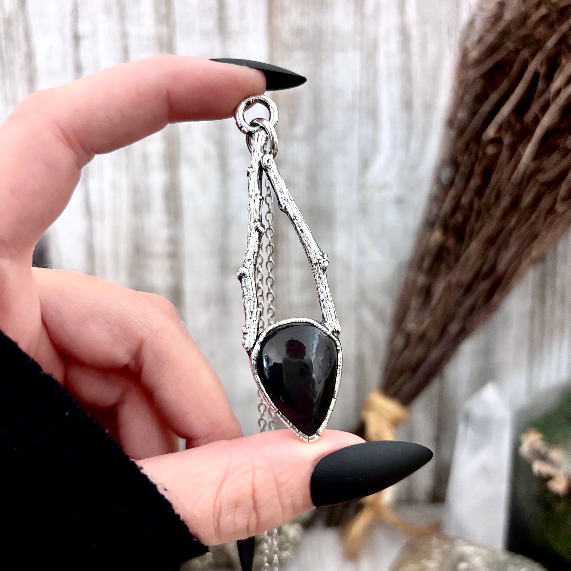 Black Onyx Crystal Necklace in Silver /Sticks & Stones Collection FOXLARK