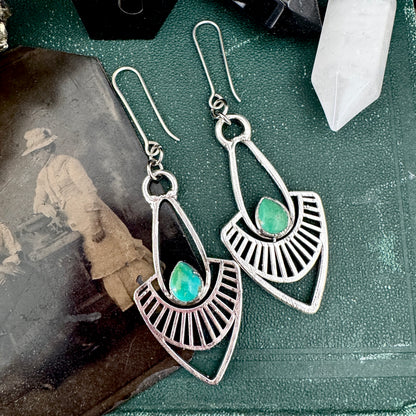 Tibetan Turquoise Long Dangle Drop Earrings in Fine Silver FOXLARK