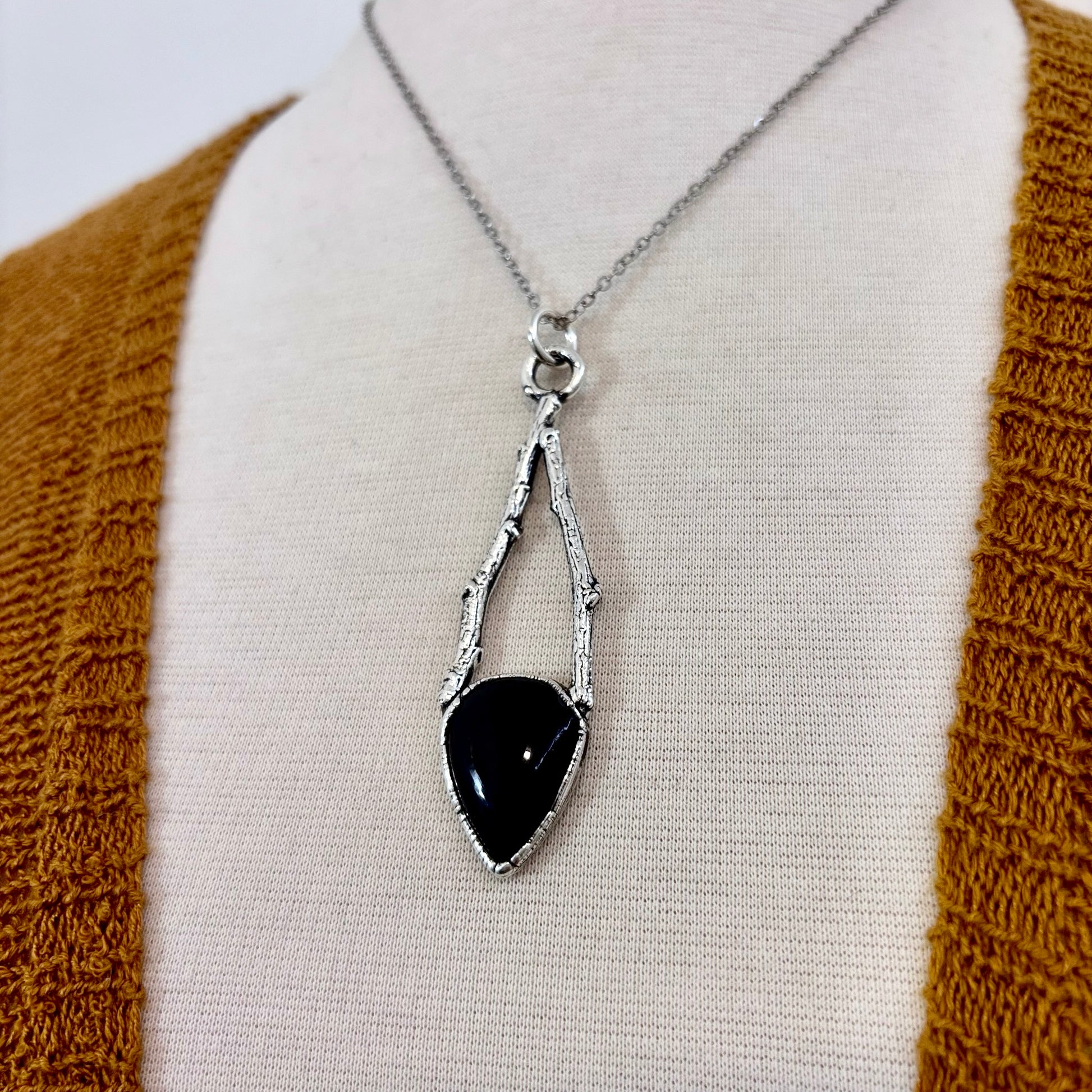 Black Onyx Crystal Necklace in Silver /Sticks & Stones Collection FOXLARK