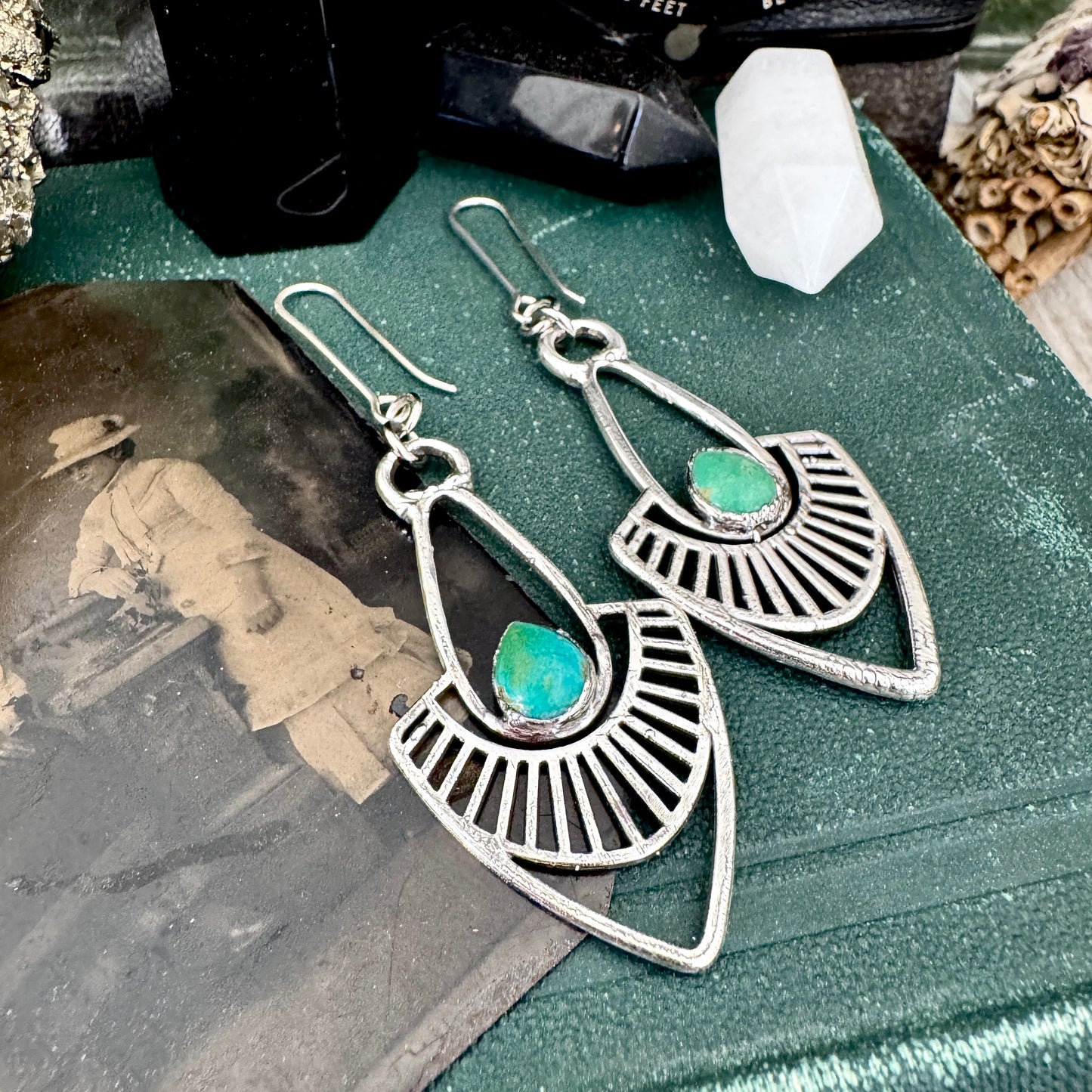Tibetan Turquoise Long Dangle Drop Earrings in Fine Silver FOXLARK