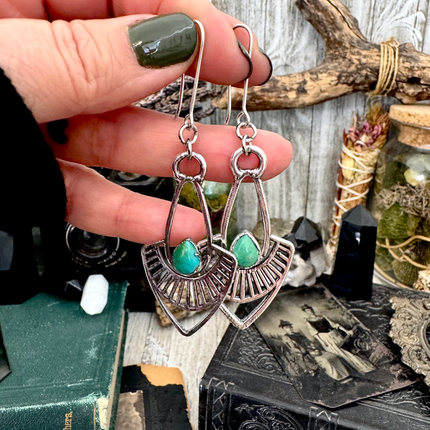 Tibetan Turquoise Long Dangle Drop Earrings in Fine Silver FOXLARK