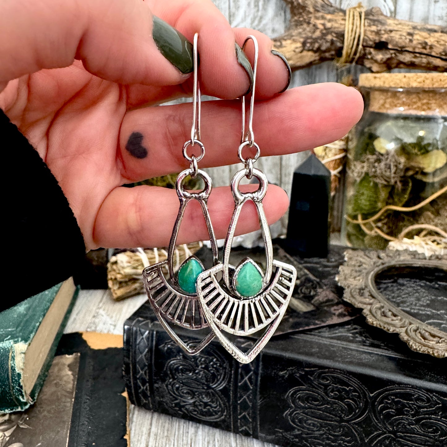 Tibetan Turquoise Long Dangle Drop Earrings in Fine Silver FOXLARK