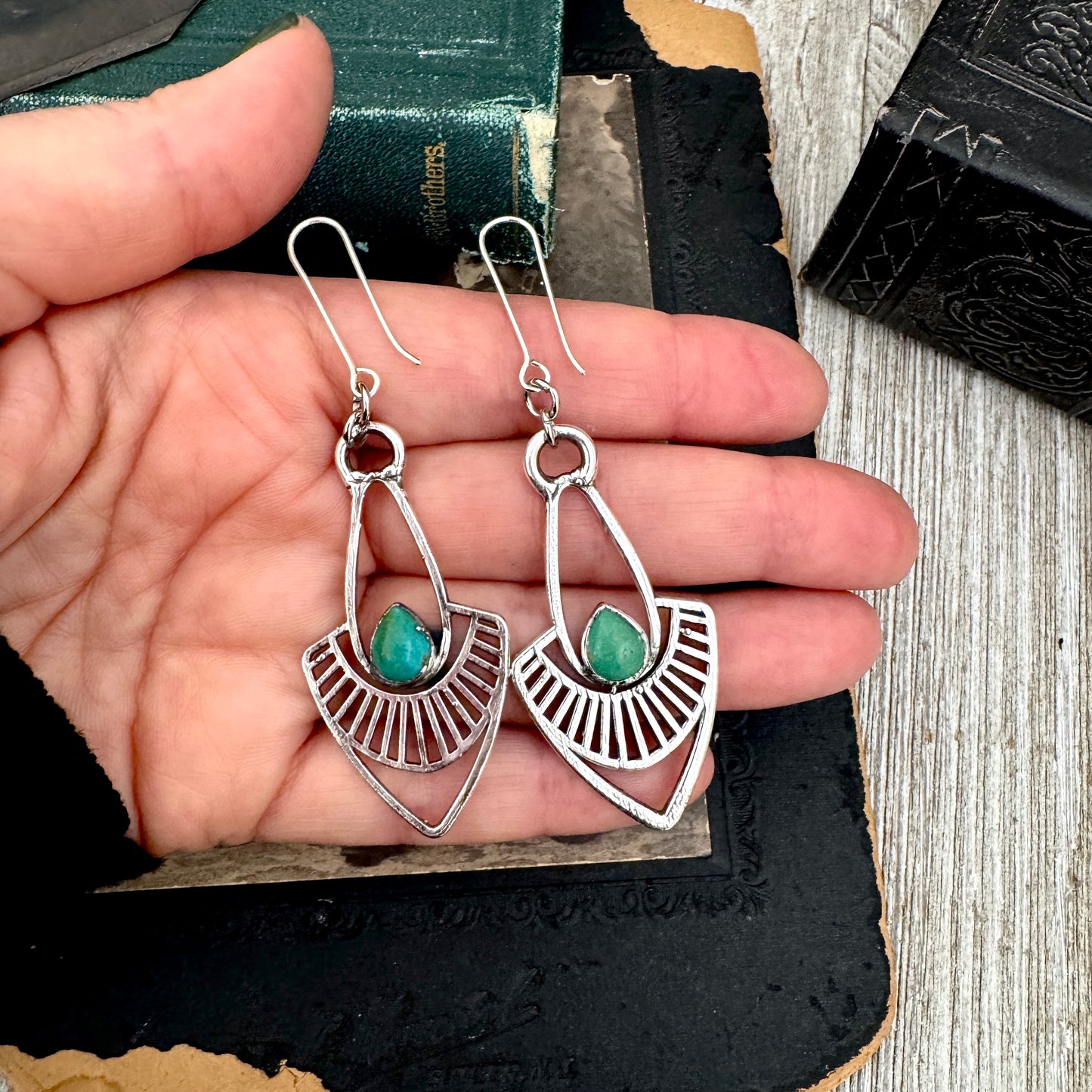 Tibetan Turquoise Long Dangle Drop Earrings in Fine Silver FOXLARK