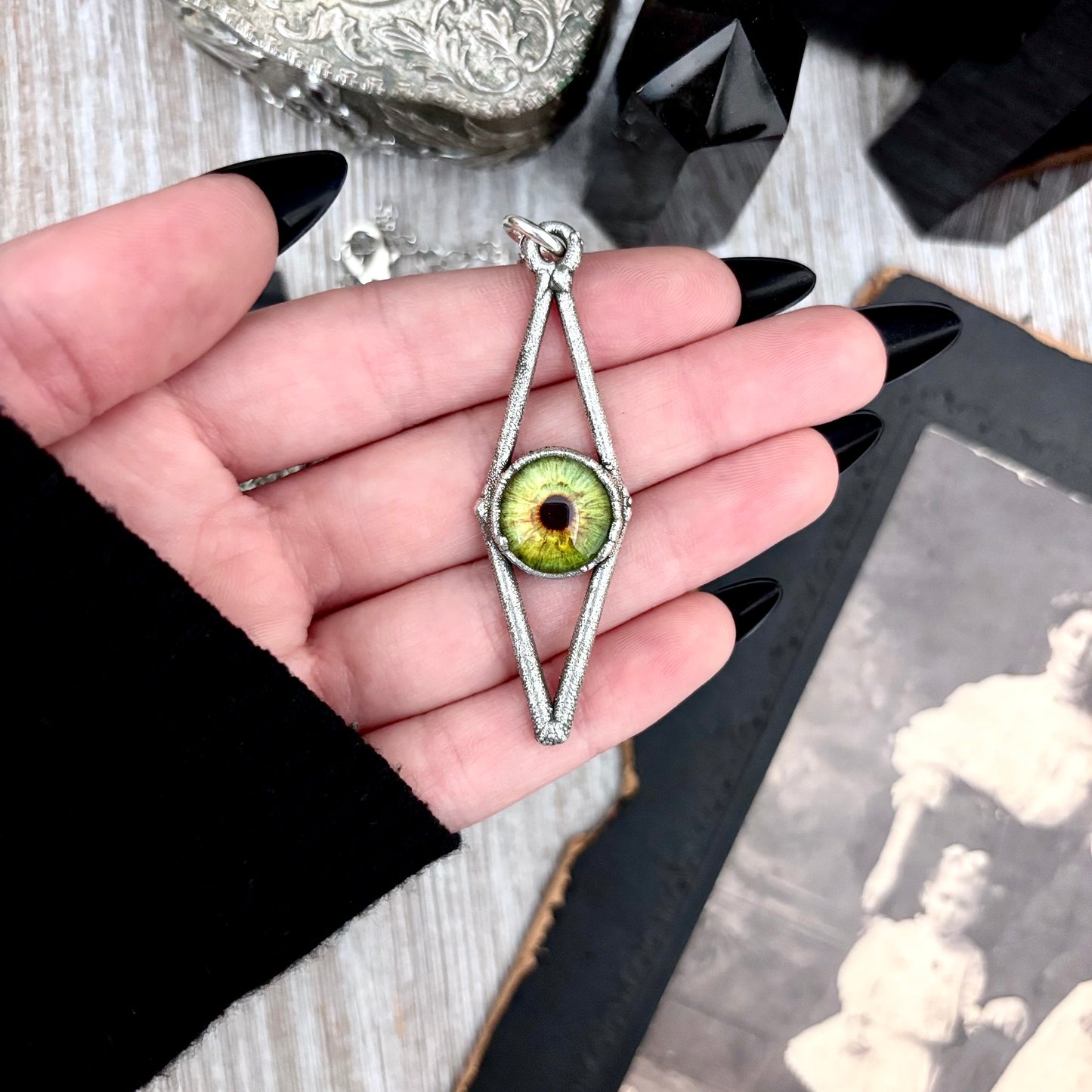 Green Eyeball Necklace Fine Silver / Foxlark Collection - One of a Kind