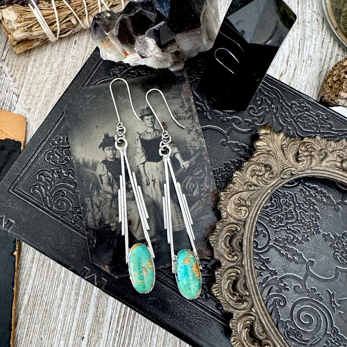 Tibetan Turquoise Long Dangle Drop Earrings in Fine Silver