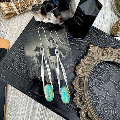 Tibetan Turquoise Long Dangle Drop Earrings in Fine Silver