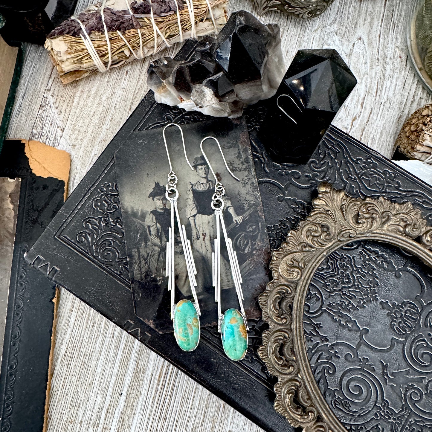 Tibetan Turquoise Long Dangle Drop Earrings in Fine Silver