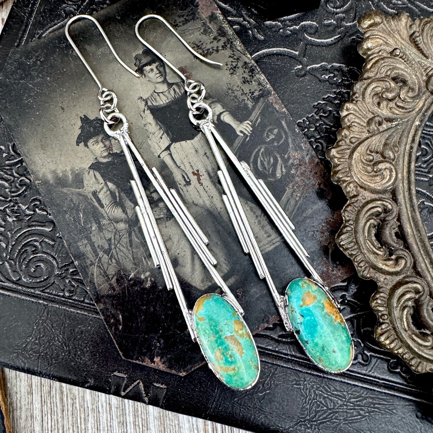 Tibetan Turquoise Long Dangle Drop Earrings in Fine Silver