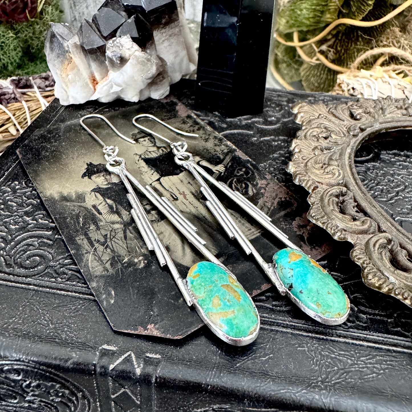 Tibetan Turquoise Long Dangle Drop Earrings in Fine Silver