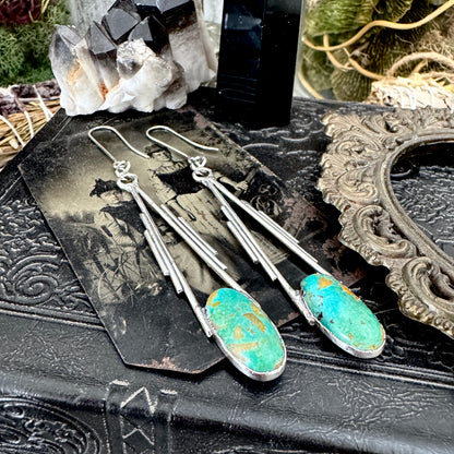 Tibetan Turquoise Long Dangle Drop Earrings in Fine Silver