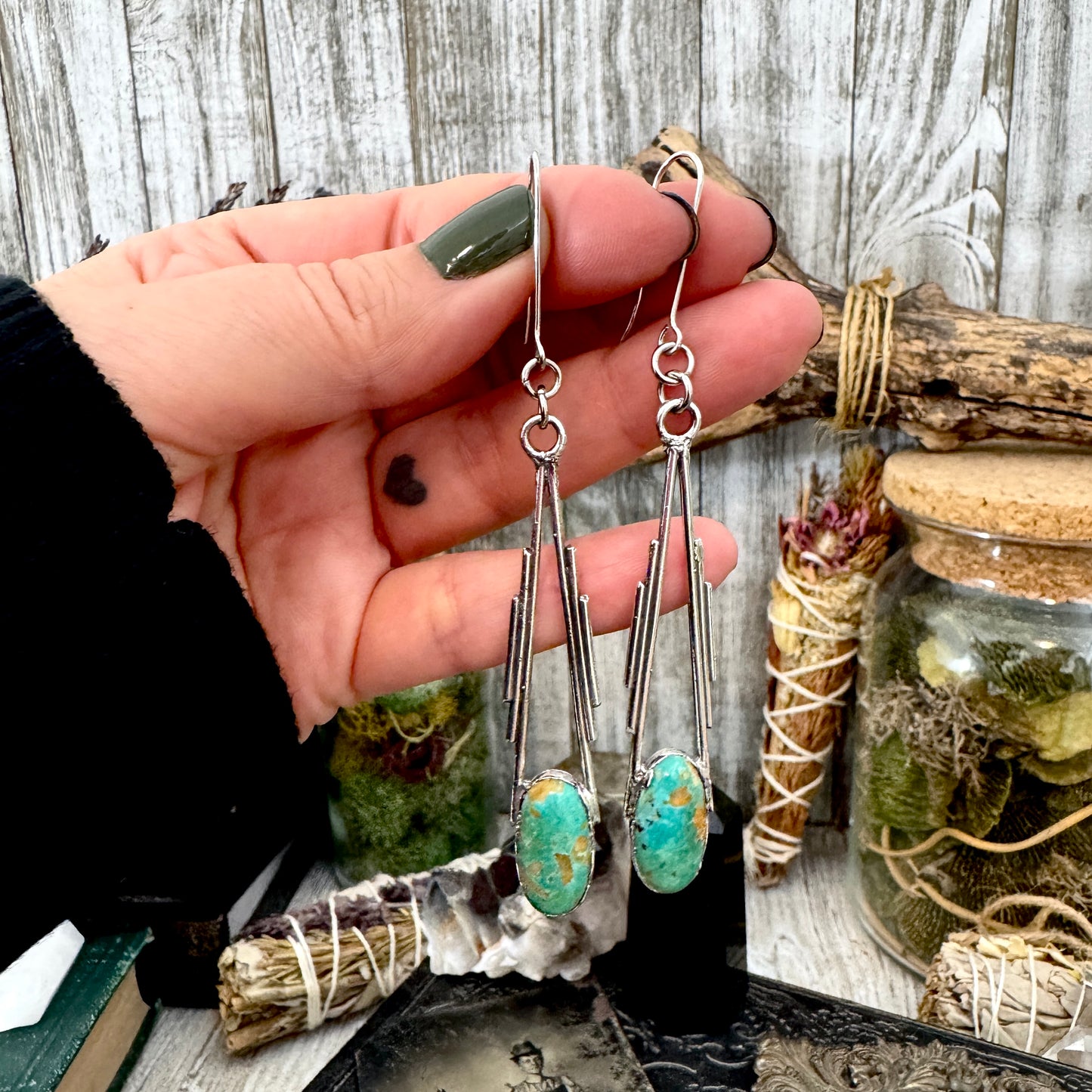 Tibetan Turquoise Long Dangle Drop Earrings in Fine Silver
