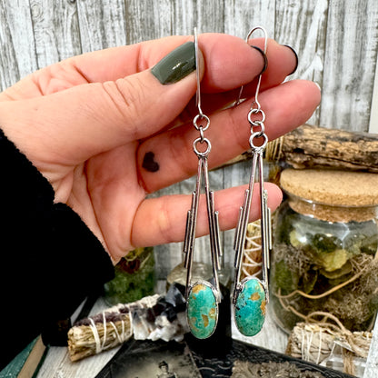 Tibetan Turquoise Long Dangle Drop Earrings in Fine Silver