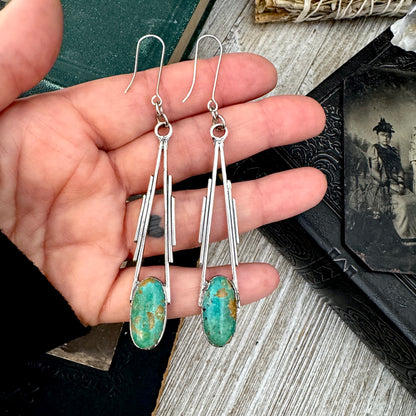 Tibetan Turquoise Long Dangle Drop Earrings in Fine Silver