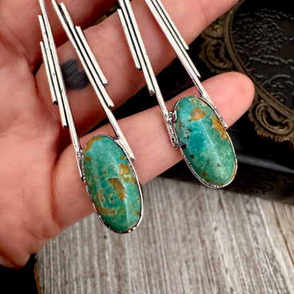 Tibetan Turquoise Long Dangle Drop Earrings in Fine Silver