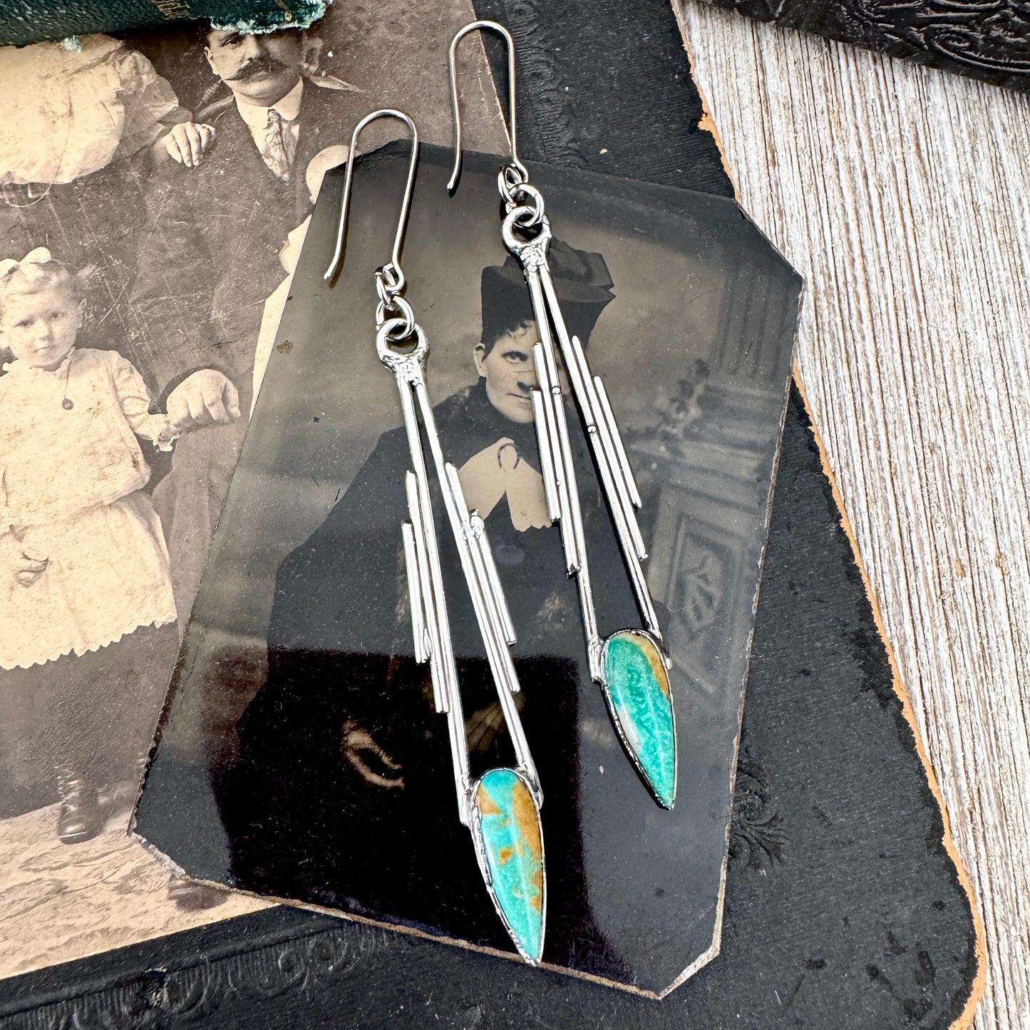 Tibetan Turquoise Dramatic Drop Earrings in Fine Silver