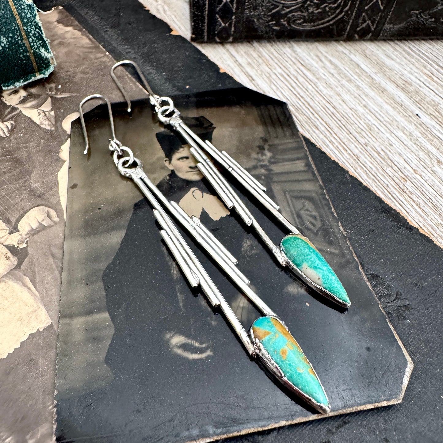 Tibetan Turquoise Dramatic Drop Earrings in Fine Silver