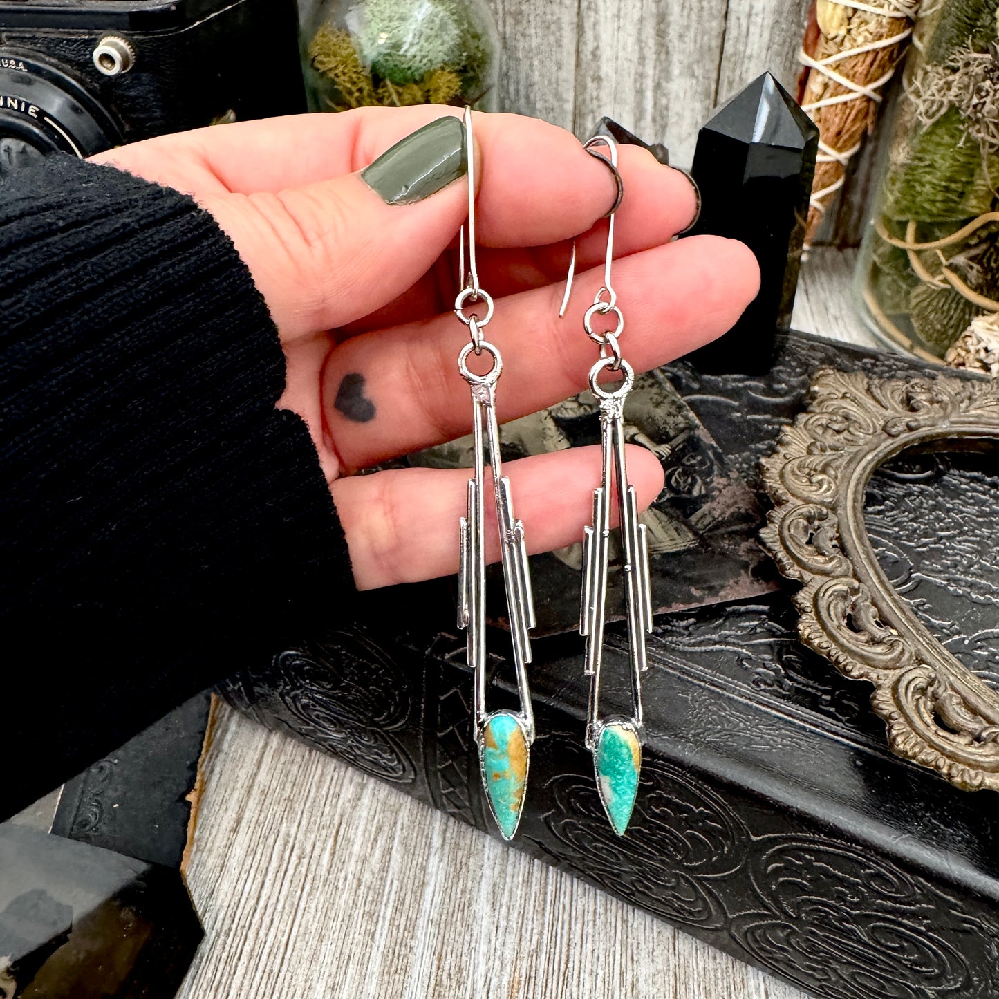 Tibetan Turquoise Dramatic Drop Earrings in Fine Silver