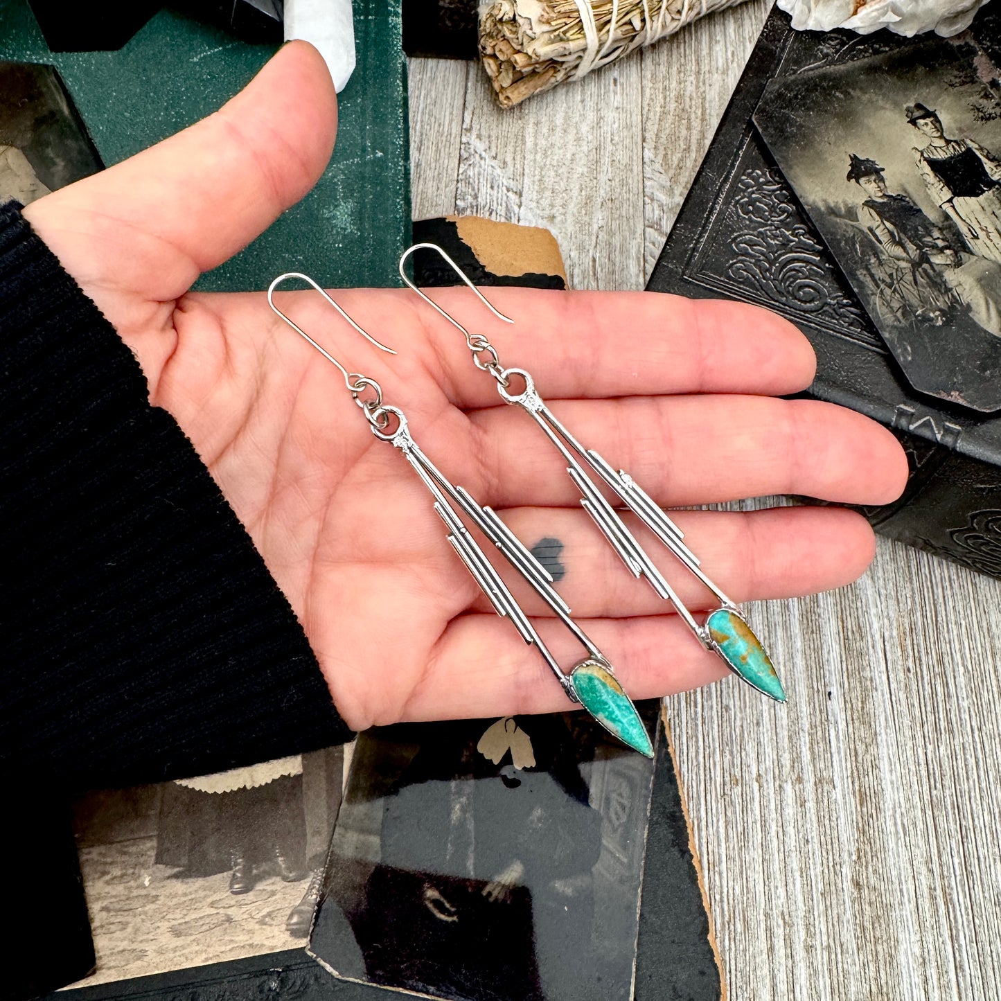 Tibetan Turquoise Dramatic Drop Earrings in Fine Silver