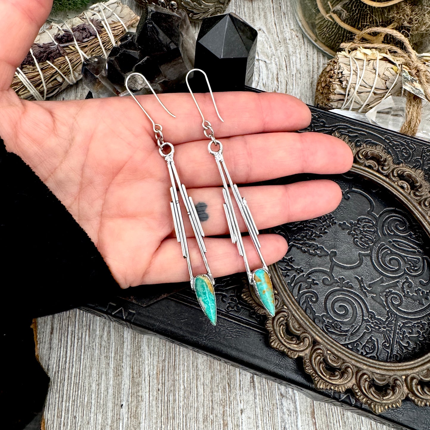 Tibetan Turquoise Dramatic Drop Earrings in Fine Silver
