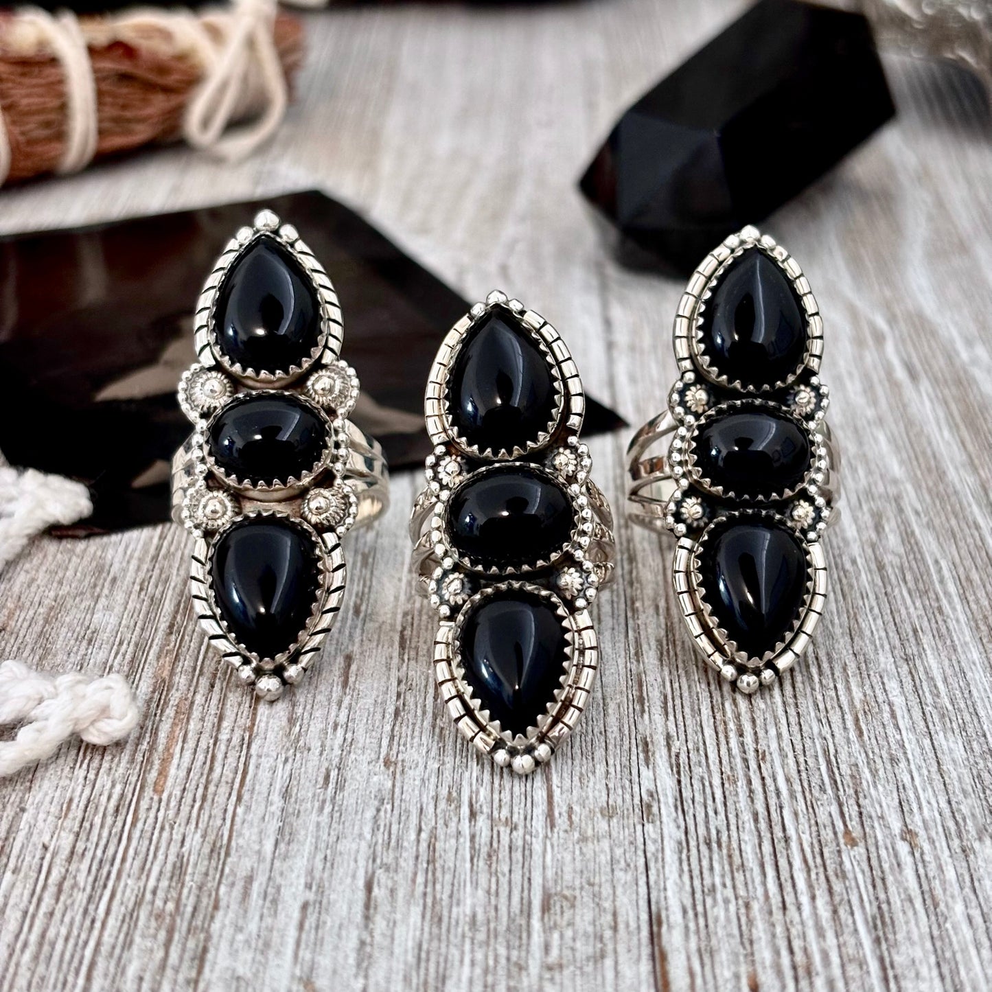 Three Stone Black Onyx Ring in Sterling Silver- Designed by FOXLARK Collection Size 6 7 8 9 10 11 / Big Crystal Ring Witchy Jewelry