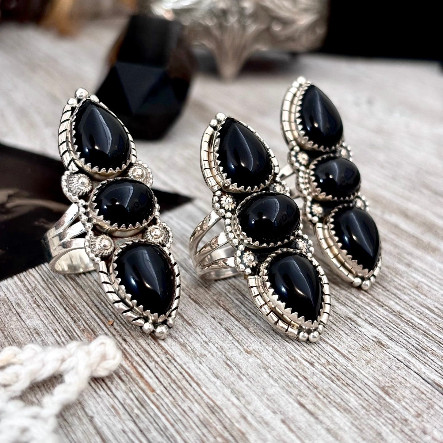 Three Stone Black Onyx Ring in Sterling Silver- Designed by FOXLARK Collection Size 6 7 8 9 10 11 / Big Crystal Ring Witchy Jewelry