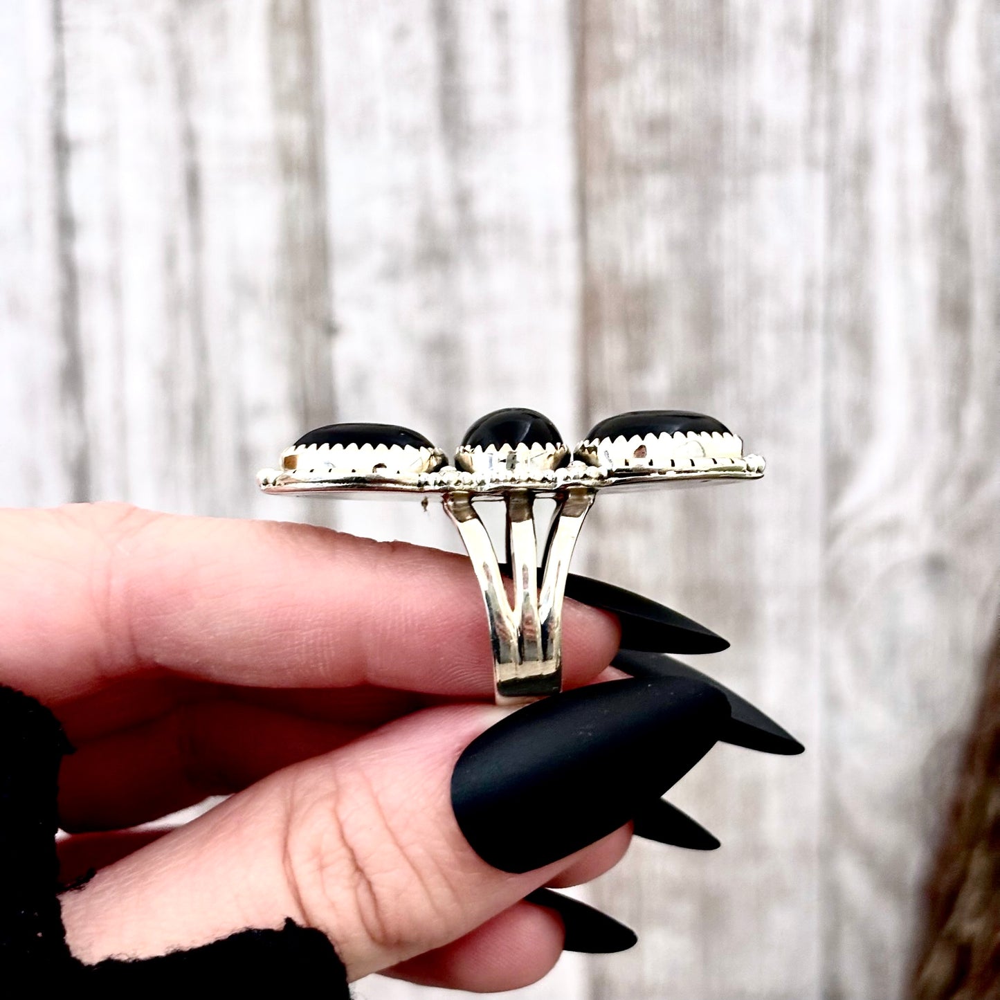 Three Stone Black Onyx Ring in Sterling Silver- Designed by FOXLARK Collection Size 6 7 8 9 10 11 / Big Crystal Ring Witchy Jewelry