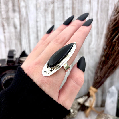 Black Onyx Ring in Sterling Silver Magic Moon Ring /  Designed by FOXLARK Adjustable to Size 6 7 8 9 10 Big Goth Crystal Ring Witchy Jewelry