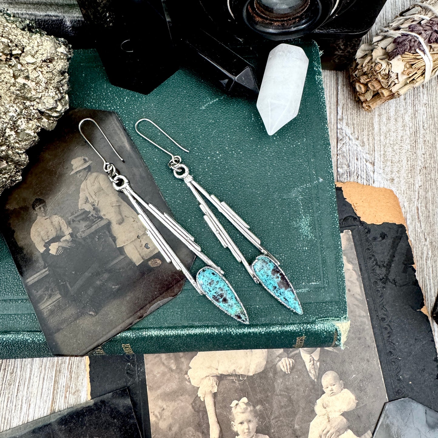 Tibetan Turquoise Dramatic Drop Earrings in Fine Silver FOXLARK