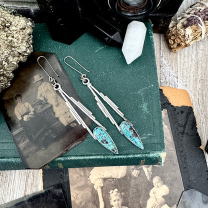 Tibetan Turquoise Dramatic Drop Earrings in Fine Silver FOXLARK