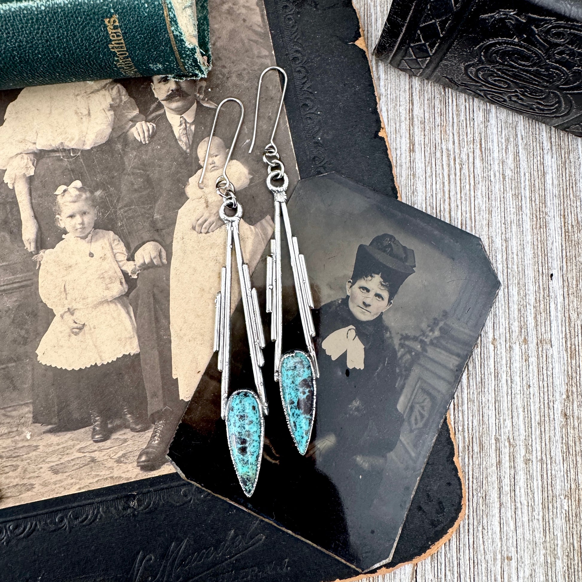 Tibetan Turquoise Dramatic Drop Earrings in Fine Silver FOXLARK