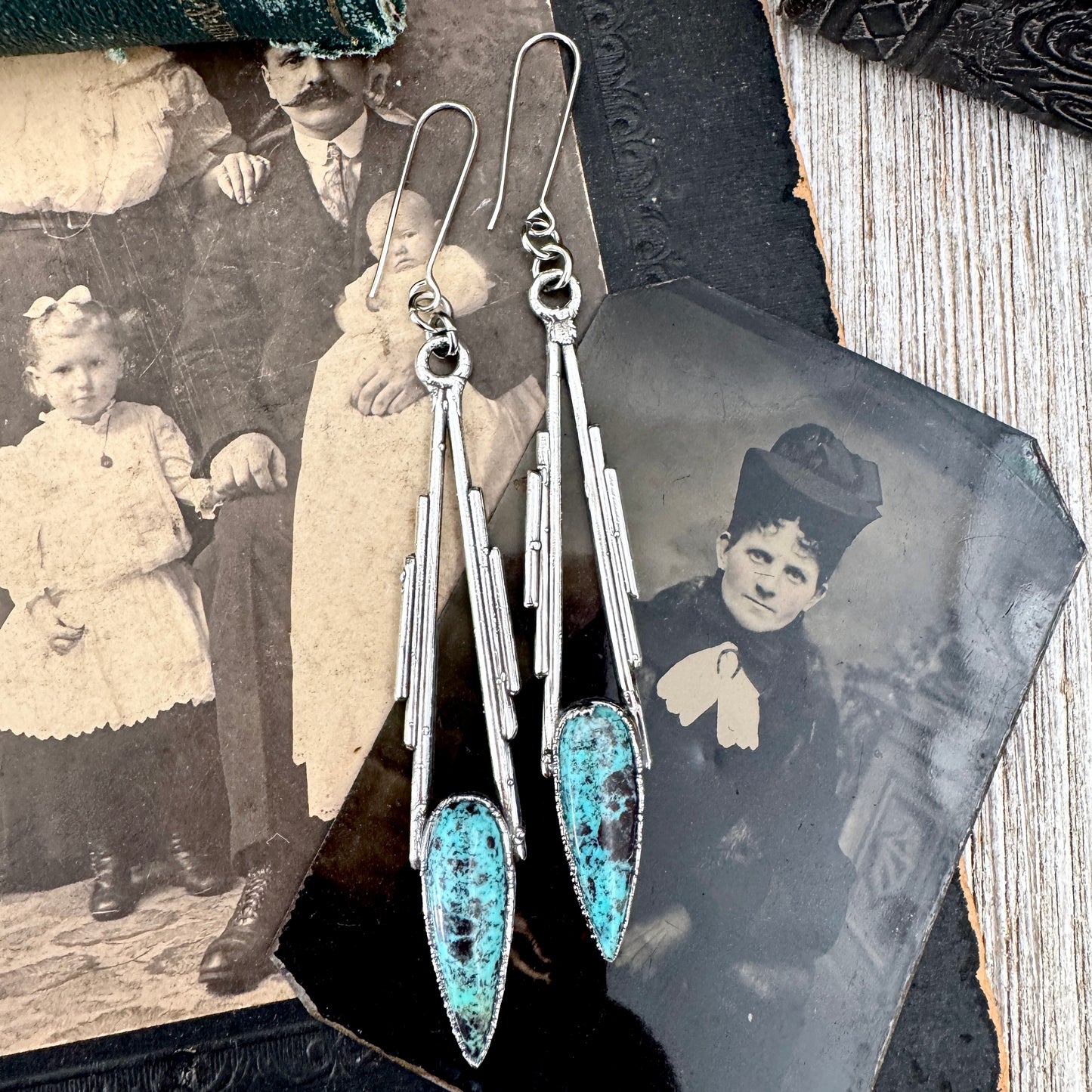 Tibetan Turquoise Dramatic Drop Earrings in Fine Silver FOXLARK