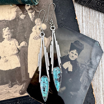 Tibetan Turquoise Dramatic Drop Earrings in Fine Silver FOXLARK