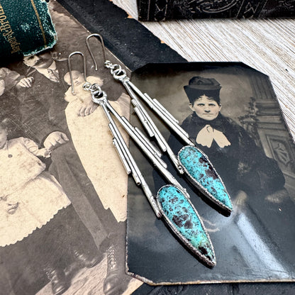 Tibetan Turquoise Dramatic Drop Earrings in Fine Silver FOXLARK