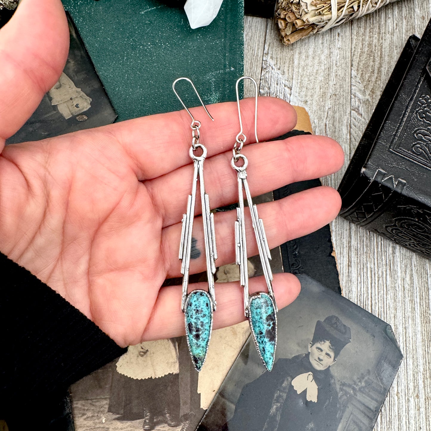 Tibetan Turquoise Dramatic Drop Earrings in Fine Silver FOXLARK