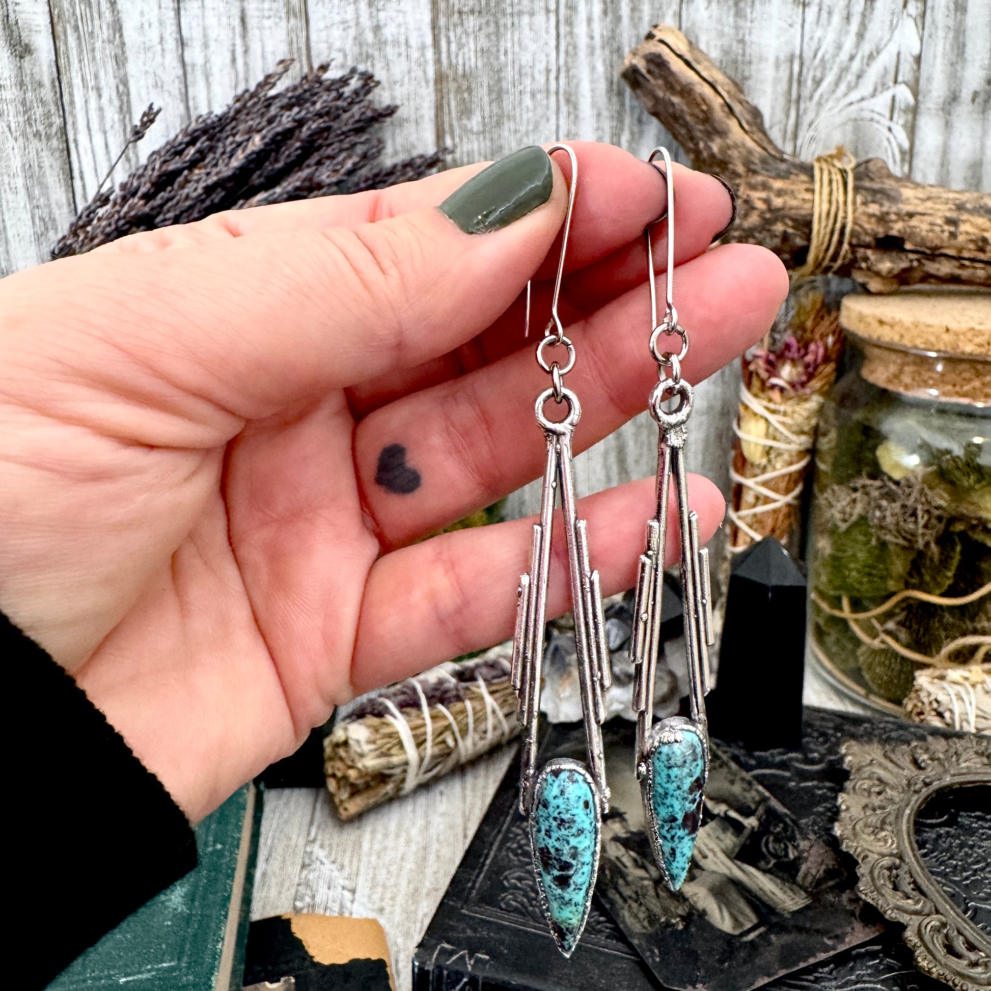 Tibetan Turquoise Dramatic Drop Earrings in Fine Silver FOXLARK