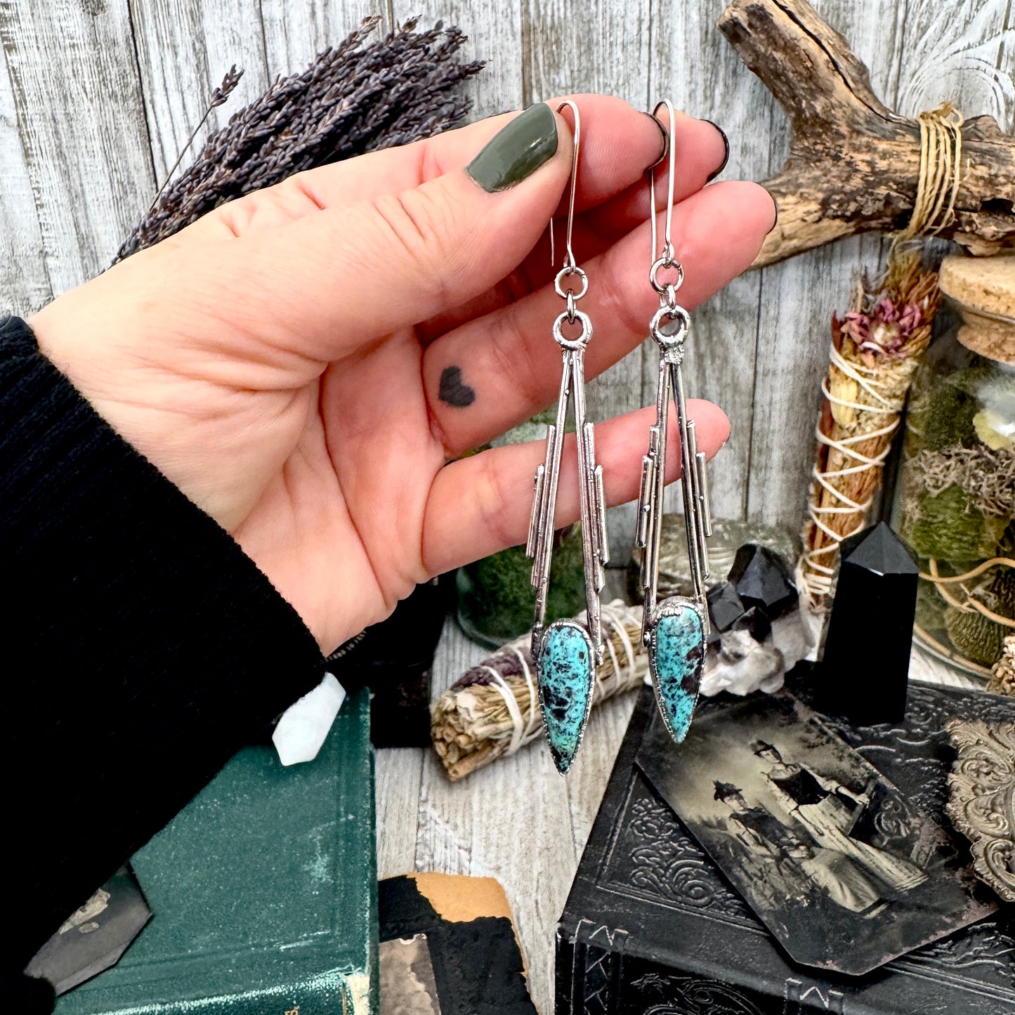Tibetan Turquoise Dramatic Drop Earrings in Fine Silver FOXLARK