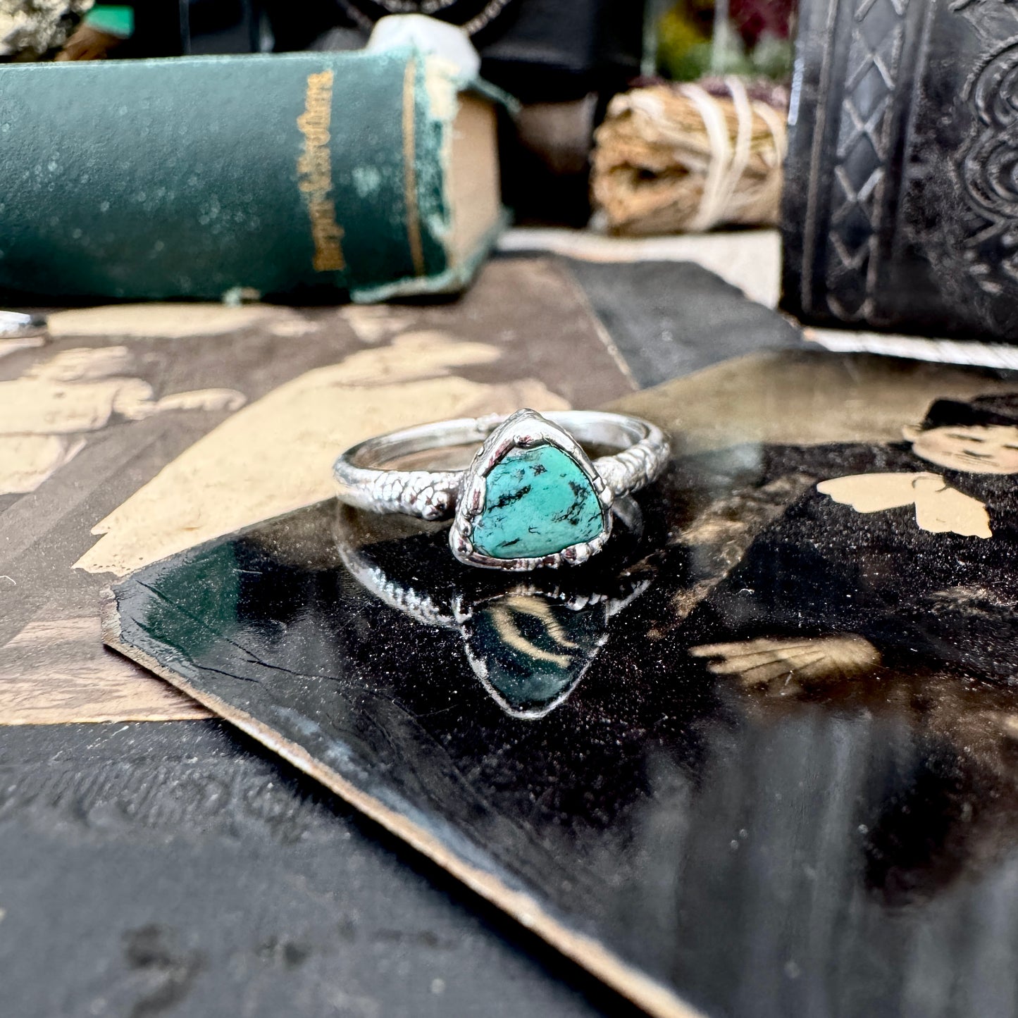 Handmade Tibetan Turquoise Ring in Fine Silver / Size 6.5 8 9 10 10.5 / Foxlark Collection FOXLARK