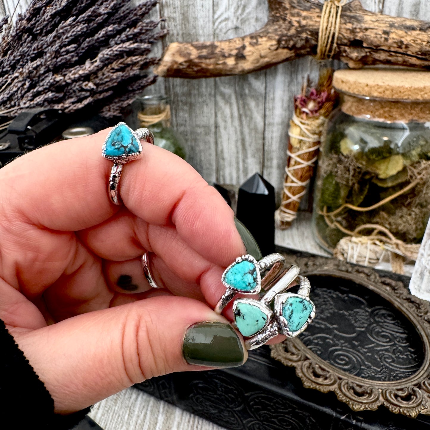 Handmade Tibetan Turquoise Ring in Fine Silver / Size 6.5 8 9 10 10.5 / Foxlark Collection FOXLARK