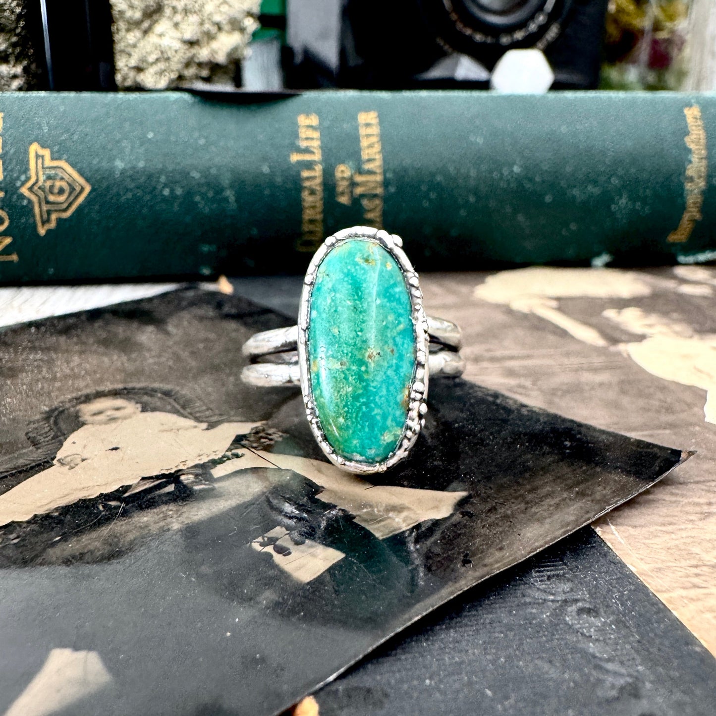 Handmade Tibetan Turquoise Ring in Fine Silver / Size 7 8 9 / Foxlark Collection FOXLARK