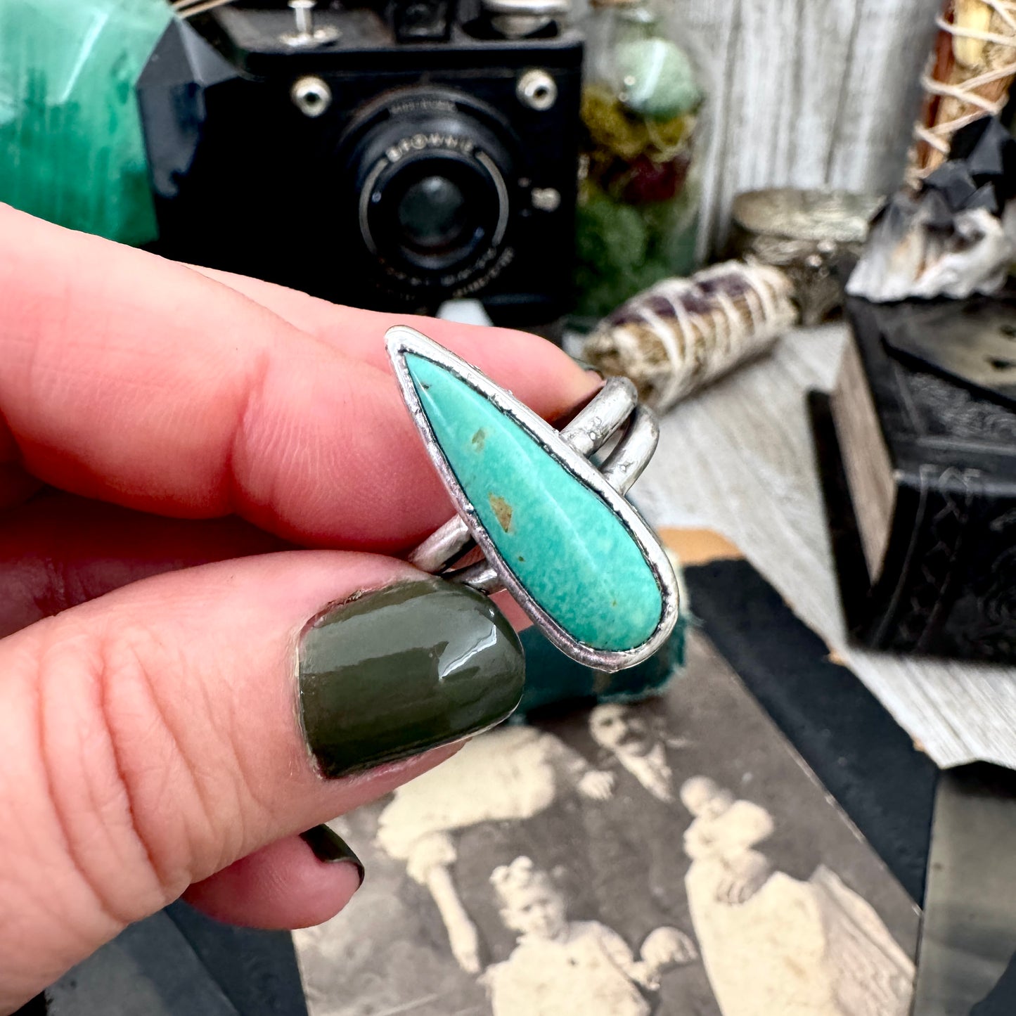 Handmade Tibetan Turquoise Ring in Fine Silver / Size 7 8 9 / Foxlark Collection