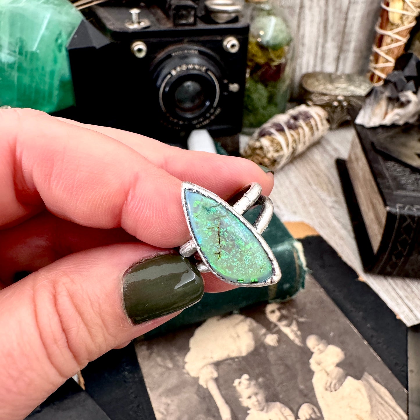 Handmade Sterling Opal Ring in Fine Silver / Size 7 8 9 9.5 / Foxlark Collection FOXLARK