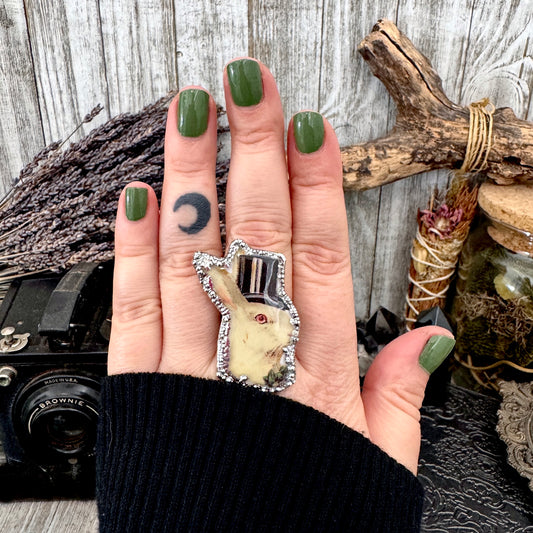 Vintage Rabbit with Top Hat- Fine Silver Ring Size 10 The Paper Projects Collection / One of a Kind