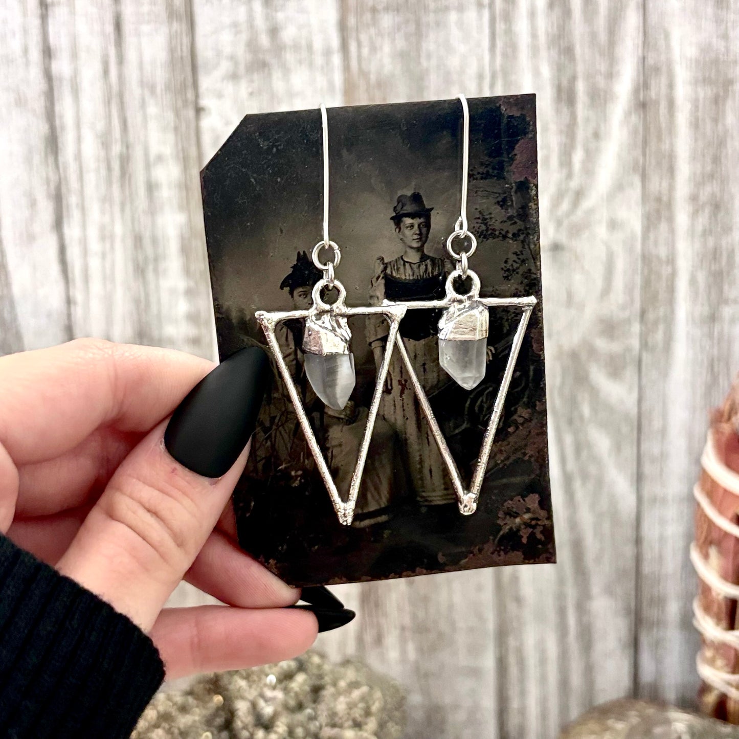 Raw Clear Quartz Fine Silver Crystal Dangle Earrings / Long Dangle Witchy Earrings